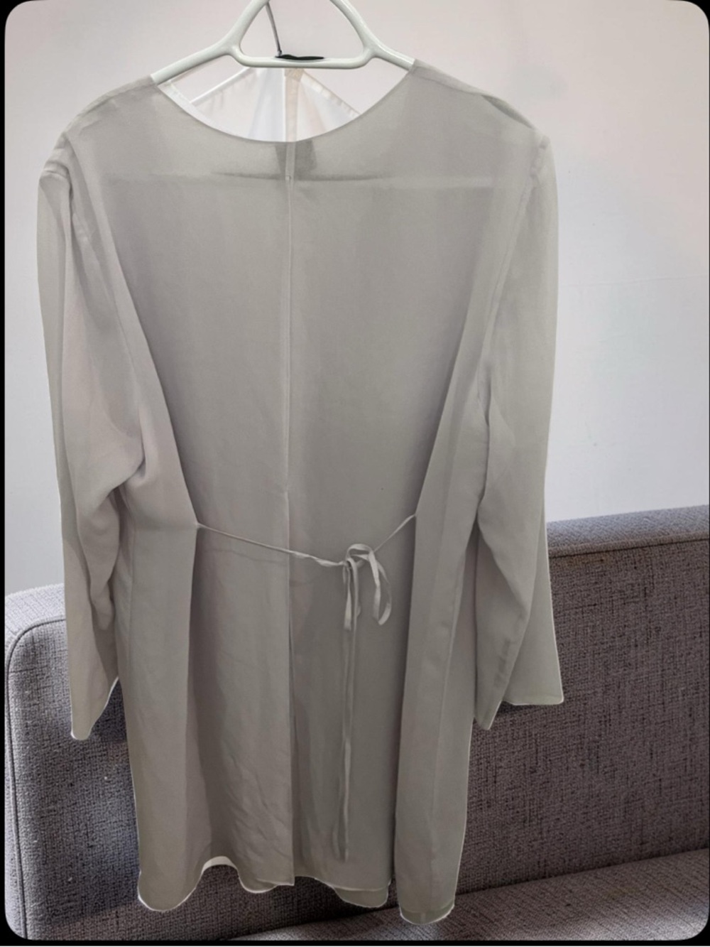 Eileen Fisher Sheer Light Gray 100% silk Long-Sleeve Tie-Back jacket/tunic/top